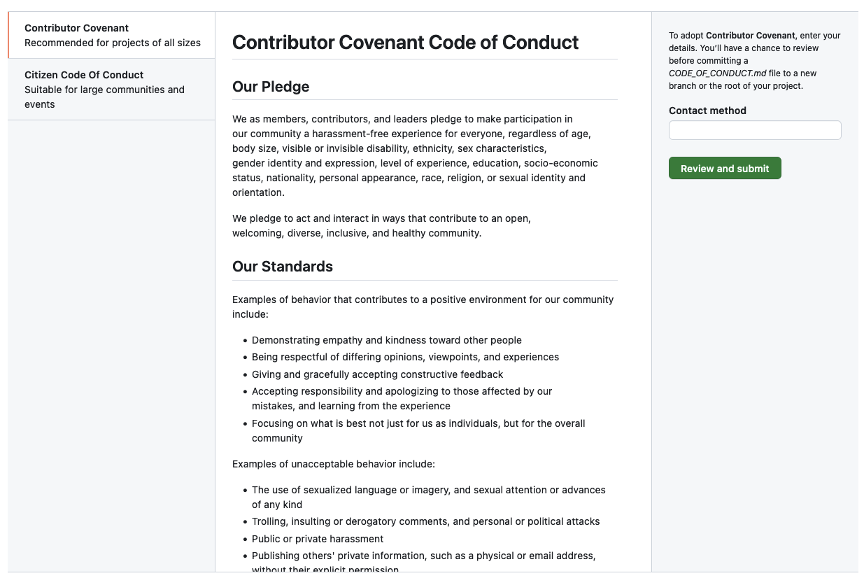 The Contributor Covenant template on GitHub, with a form on the right for the contact method and a Review and submit button.