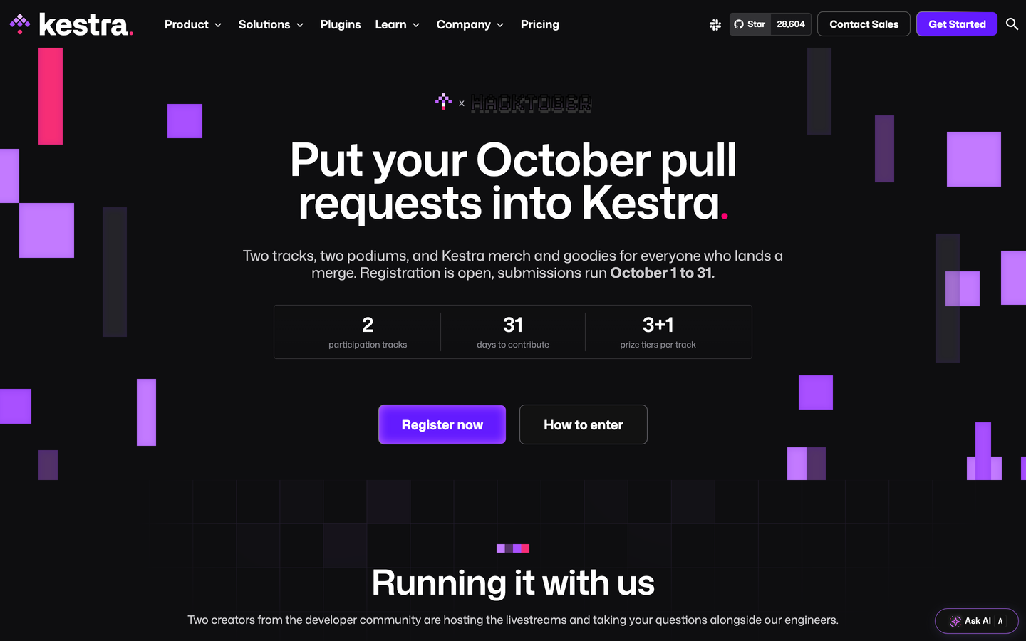 Kestra's Hacktoberfest 2026 page: 'Put your October pull requests into Kestra', two tracks, submissions October 1 to 31.